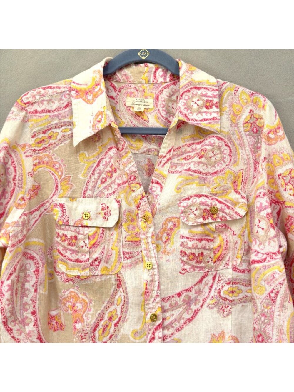 Linen Shirt Womens Button Front Muted Pastel Paisley Sz 1X Long Sleeve Plus Size